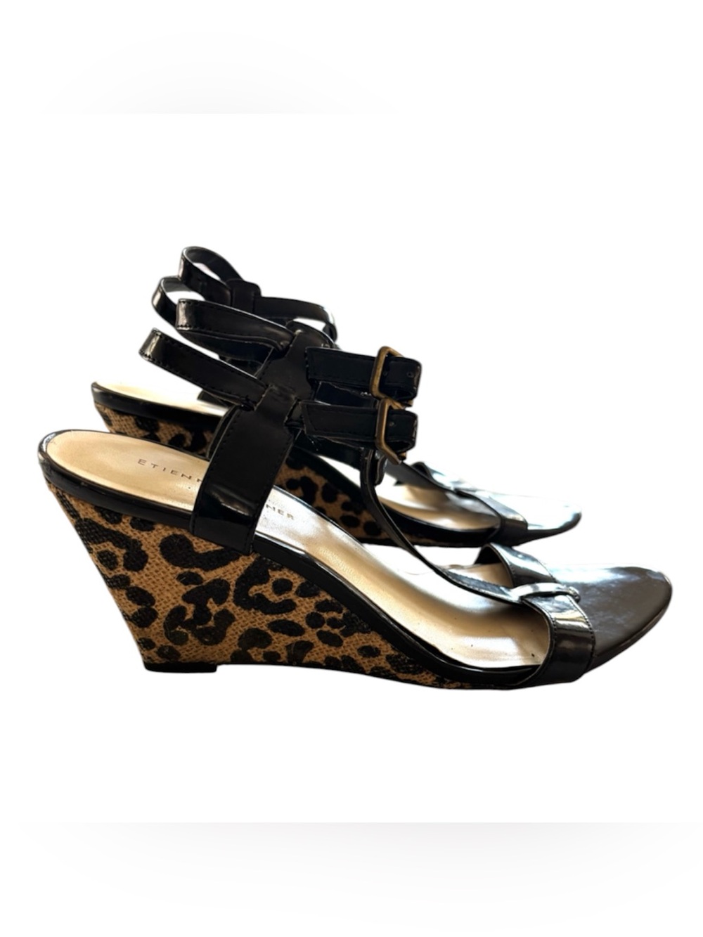 Etienne Aigner Black Cheetah Print Wedge Strappy Sandals  SZ 10 Worn 2X